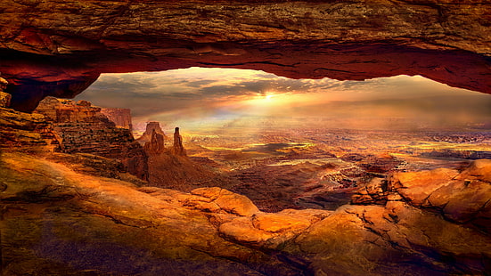vista del paisaje de postre, Mesa Arch, vista, postre, Canyonlands, Utah, EE. UU., Paisaje, Puesta de sol, Shchukin, Sigma, roca - Objeto, naturaleza, paisajes, arenisca, geología, suroeste de EE. UU., desierto, Parque Nacional Arches, cueva, Fondo de pantalla HD HD wallpaper