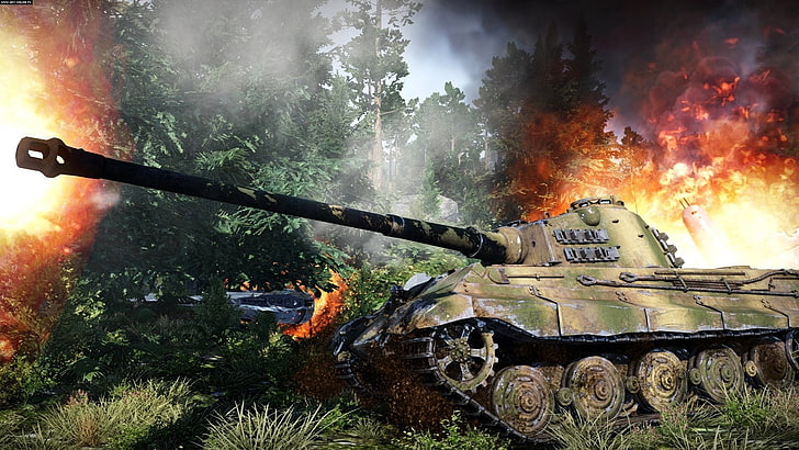 green and brown fighting tank, fire, smoke, battle, German, WW2, heavy tank, 