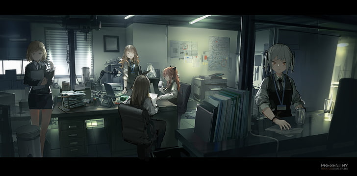 anime, gadis anime, kantor, rambut panjang, rambut pendek, pekerjaan, Wallpaper HD