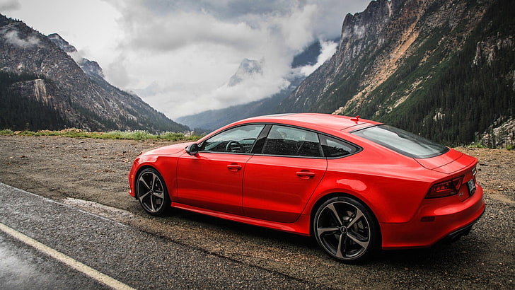 червен седан, Audi RS7, Audi, Audizone, червени коли, планини, превозно средство, кола, HD тапет