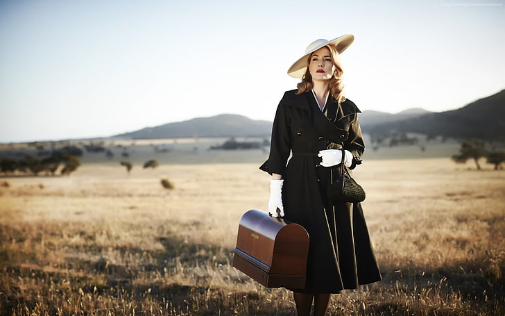 Kate Winslet, hat, women, black coat, coats, glamour women, HD wallpaper