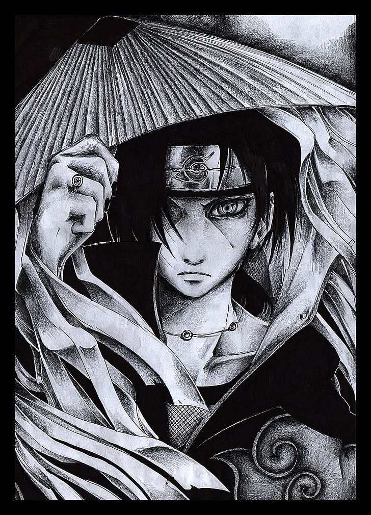 Naruto Shippuuden, Uchiha Itachi, Akatsuki, drawing, monochrome, HD wallpaper