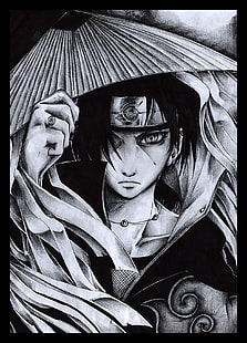 Naruto Shippuuden, Uchiha Itachi, Akatsuki, ritning, svartvitt, HD tapet HD wallpaper