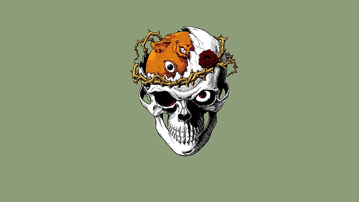 Ilustración del cráneo blanco y multicolor, Kentaro Miura, Berserk, Beherit, cráneo, rosa, espinas, Fondo de pantalla HD