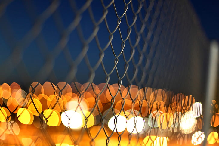 macro, lights, mesh, the fence, fence, yellow, blur, orange, metal, HD wallpaper
