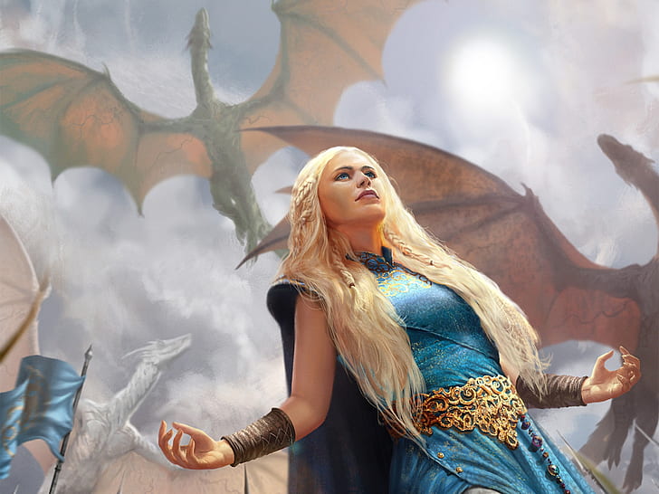Obra de arte, loira, vestido azul, olhos azuis, tranças, Daenerys  Targaryen, HD papel de parede | Wallpaperbetter