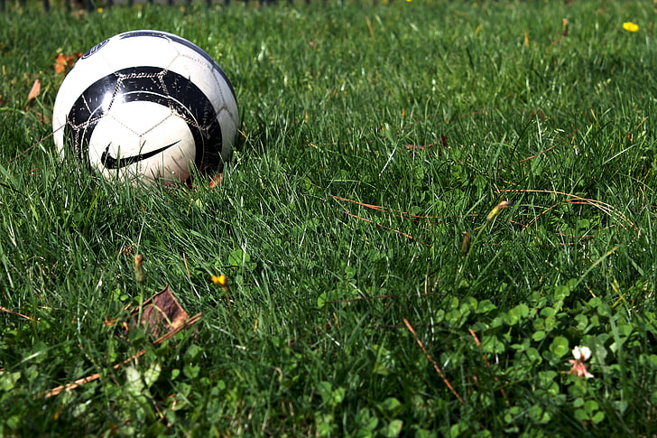 白と黒のナイキサッカーボール、サッカーボール、ナイキ、草、 HDデスクトップの壁紙