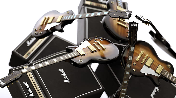 Legendaria guitarra Gibson Les Paul, Marshall AMP, música, digital, Gibson, Marshall, guitarras, guitarra eléctrica, instrumentos, modelado 3D, Cinema4D, guitarra legendaria, LesPaul, MarshallAmp, Fondo de pantalla HD