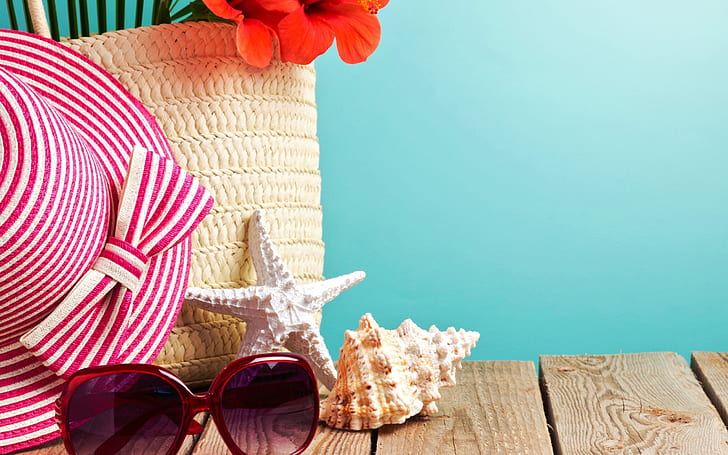 Summer, Accessory, Trends, sea-star, seashells, sunglasses, hat, flower, starfish, assorted beach decor, summer, accessory, trends, seashells, sunglasses, hat, flower, starfish, HD wallpaper
