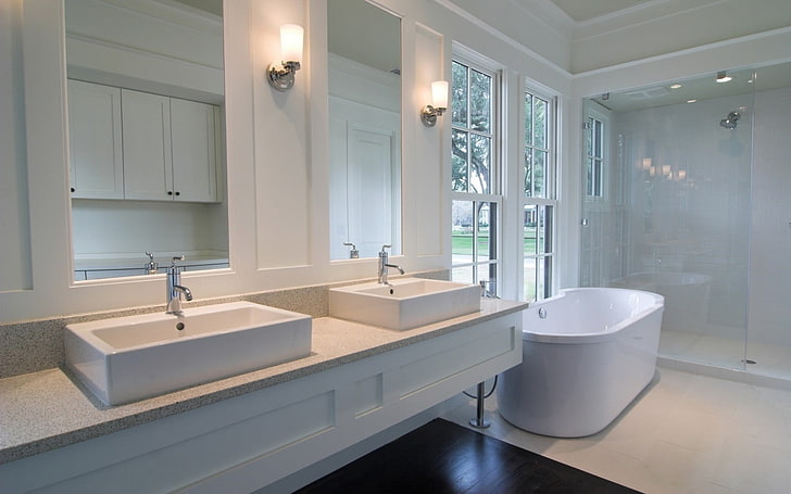 white enamel bathtub, interior, design, style, home, villa, cottage, room, bathroom, HD wallpaper