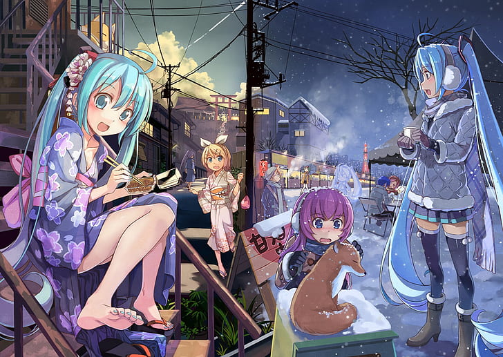 Winter, Tiere, Schnee, Vocaloid, Hatsune Miku, Kimono, Kagamine Rin, Megurine Luka, HD-Hintergrundbild