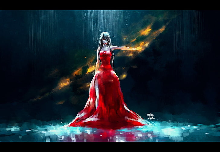 rote augen, rotes kleid, kunstwerk, nanfe, fantasy girl, fantasy art, HD-Hintergrundbild
