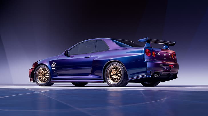 ยานพาหนะ รถ CGI ศิลปะดิจิตอล งานศิลปะ 4K Greg Peruski Nissan Nissan R34 Nissan Skyline GT-R V-Spec รถสีฟ้า รถยนต์ญี่ปุ่น สปอยเลอร์รถ, วอลล์เปเปอร์ HD