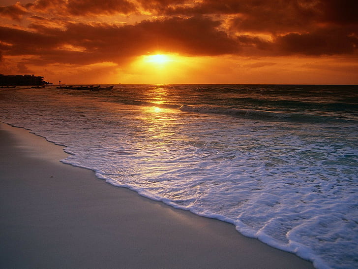 غروب الشمس ، البحر ، الشاطئ، خلفية HD