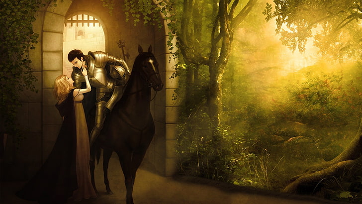 fantasy girl, fantasy art, horse, love, armour, HD wallpaper