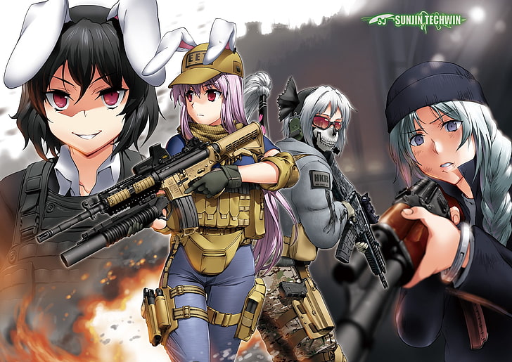 anime, anime girls, crossover, weapon, bunny ears, Touhou, Call of Duty, HD wallpaper