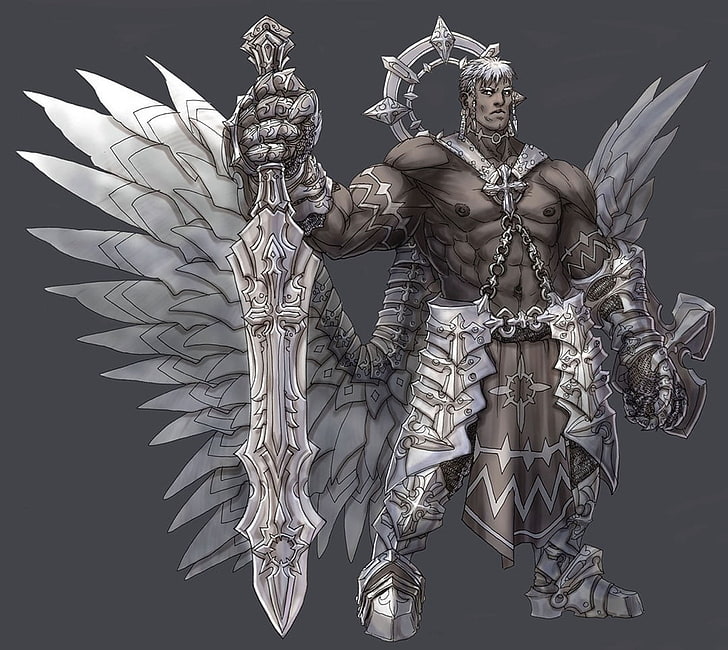 мужчина держит меч иллюстрации, ангел, фэнтези арт, гигант, воин, HD обои