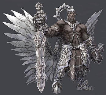 manusia memegang ilustrasi pedang, malaikat, seni fantasi, raksasa, prajurit, Wallpaper HD HD wallpaper