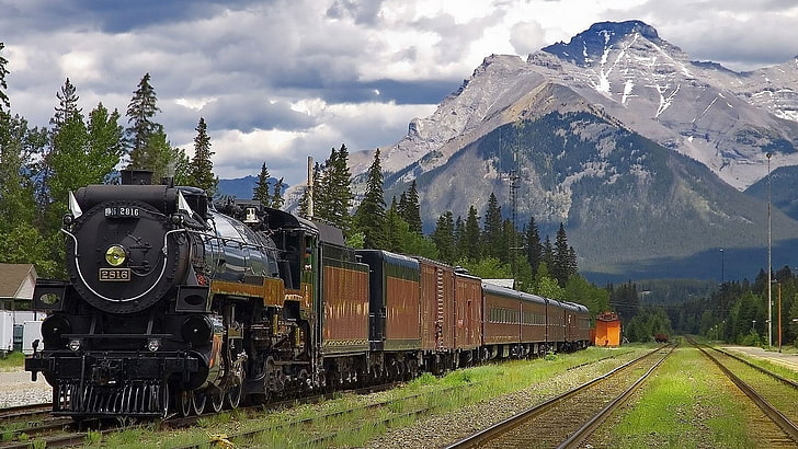 schwarzer und brauner Zug, Zug, Dampflokomotive, Berge, Fahrzeug, HD-Hintergrundbild