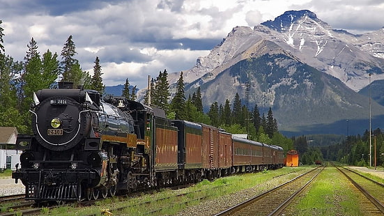 kereta hitam dan coklat, kereta api, lokomotif uap, gunung, kendaraan, Wallpaper HD HD wallpaper