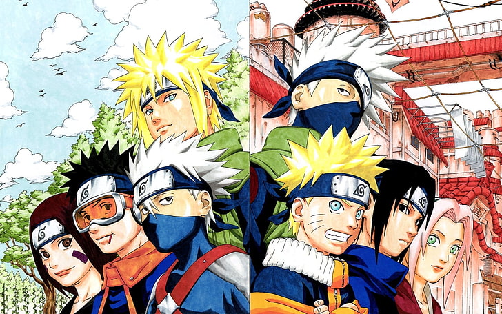 Collage de personnages de Naruto, Naruto Shippuuden, Hatake Kakashi, Uzumaki Naruto, Haruno Sakura, Uchiha Sasuke, Namikaze Minato, Uchiha Obito, Nohara Rin, Fond d'écran HD