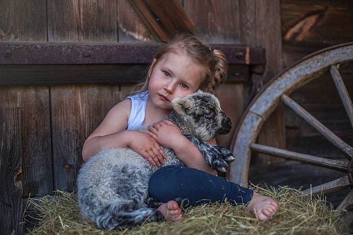 Photography, Child, Baby Animal, Cute, Girl, Goat, Little Girl, HD wallpaper