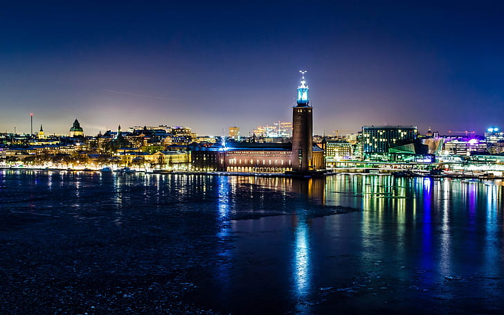 Stockholm Night View, สตอกโฮล์ม, สวีเดน, กลางคืน, เมือง, แสงไฟ, วอลล์เปเปอร์ HD