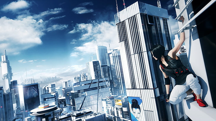 черноволосая женщина аниме иллюстрации персонажей, женщина изгибается в здании окна, фэнтези-арт, Mirror's Edge, здания, городской пейзаж, видеоигры, HD обои