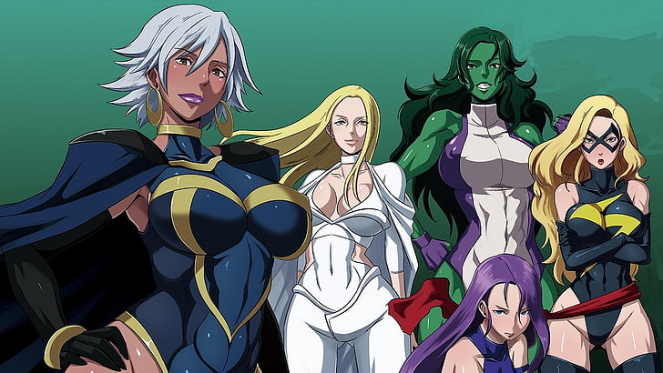 illustration de cinq personnages de filles, bandes dessinées, bandes dessinées Marvel, Mme Marvel, She-Hulk, tempête (bandes dessinées Marvel), Fond d'écran HD