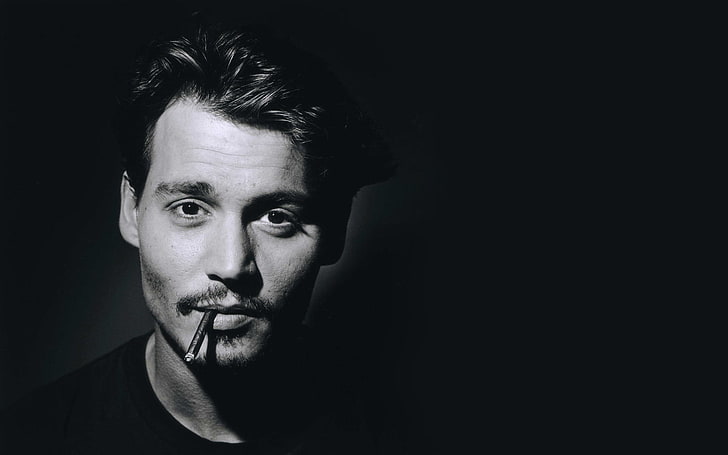 atasan leher awak hitam pria, wajah, foto, Johnny Depp, hitam dan putih, potret, pria, aktor, satu warna, Wallpaper HD