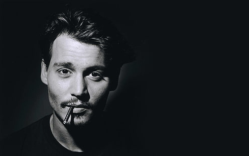 atasan leher awak hitam pria, wajah, foto, Johnny Depp, hitam dan putih, potret, pria, aktor, satu warna, Wallpaper HD HD wallpaper