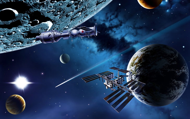 Space Satellite Galaxy, satélite orbitando la luna fondo de pantalla digital, 3D, Espacio, Fondo de pantalla HD