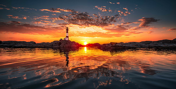 Steine, Strand, Leuchtturm, Sonnenuntergang, 5K, HD-Hintergrundbild HD wallpaper