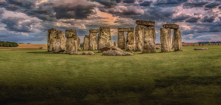 ancient, architecture, england, grass, history, landmark, landscape, megalith, megalithic structures, monument, monumental cemetery, nimbostratus clouds, outdoors, panorama, prehistoric, religion, rock, stone, sto, HD wallpaper