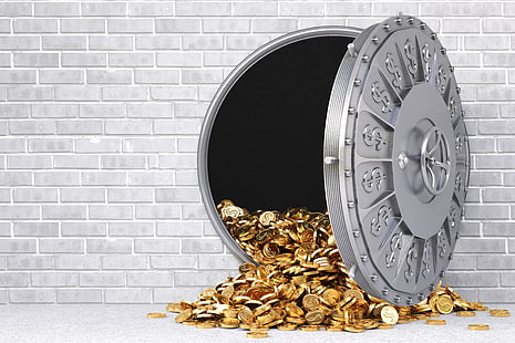 Ilustración de bóveda de seguridad de acero gris, pared, oro, dinero, gris, puerta reforzada, riqueza, Fondo de pantalla HD HD wallpaper