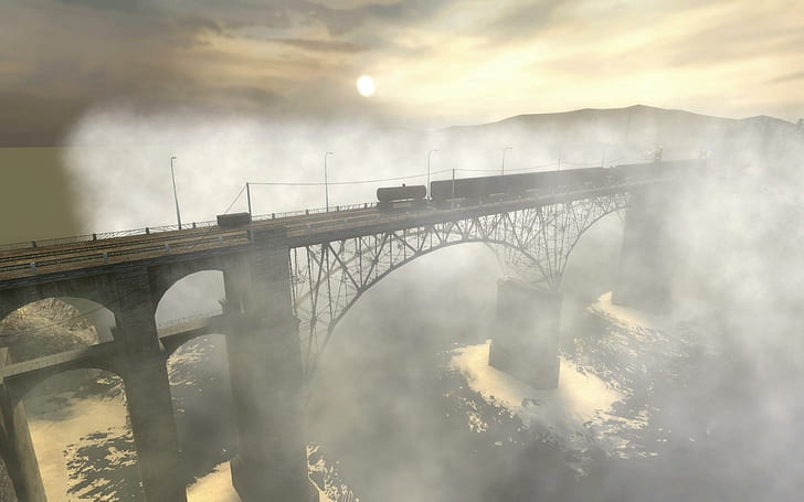 Railway Bridge In Morning Fog, gray concrete and metal train bridge, bridge, morning, train, nature and landscapes, HD wallpaper