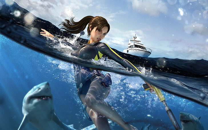 fond d'écran femme et requins, Lara Croft, Tomb Raider, jeux vidéo, art numérique, requin, bateau, Fond d'écran HD
