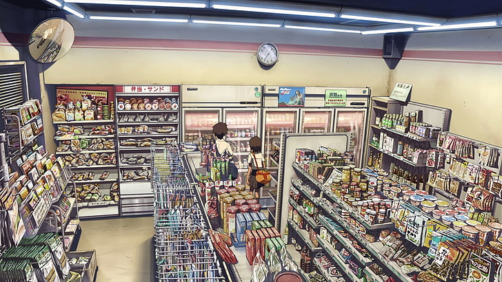 grocery store illustration, Makoto Shinkai, 5 Centimeters Per Second, detailed, anime, super market, HD wallpaper