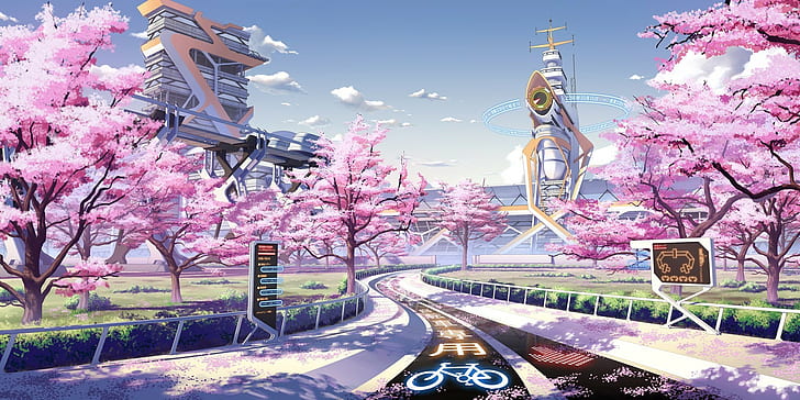 аниме, вишня в цвету, времена года, культура Япония, весна, футуристический, HD обои