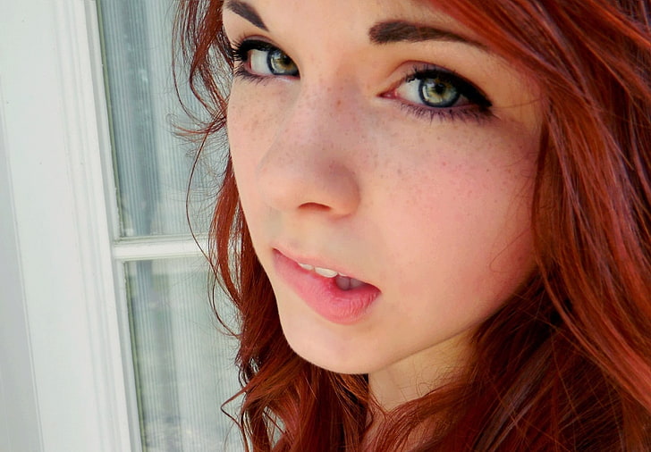 redhead women green eyes face freckles biting lip, HD wallpaper