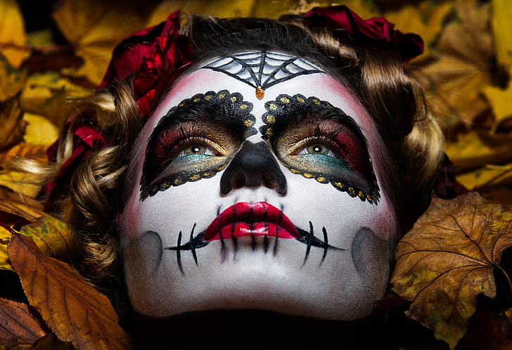 kobiety, Dia de los Muertos, twarz, modelka, makijaż, liście, Sugar Skull, Tapety HD