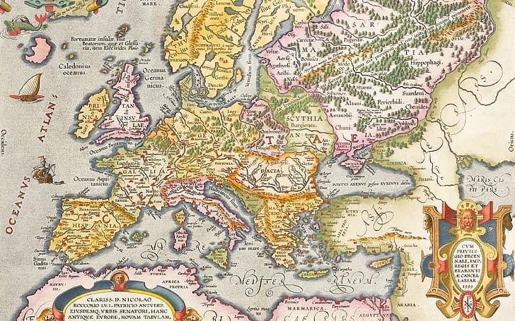 Europa, mapas antigos, Mapa gravado colorido da mão, Europa antiga, Antuérpia, 1603, Abraham Ortelius, Abraham Ortelli, Antuérpia 1603, HD papel de parede