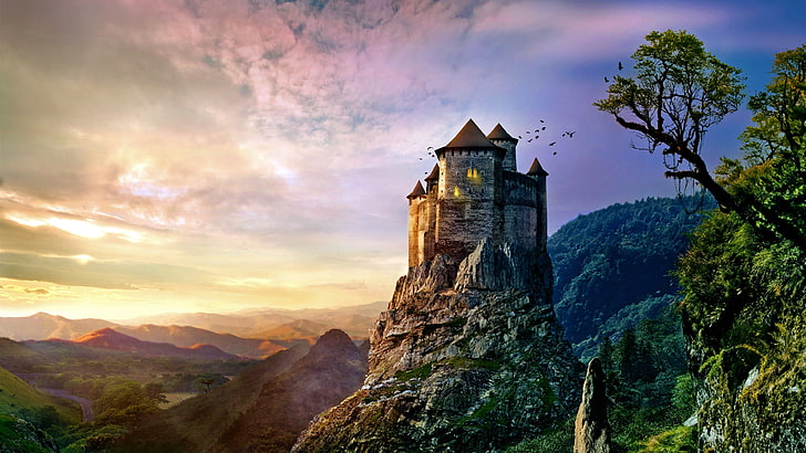 castello marrone sulla collina dipinto, architettura, castello, antico, natura, alberi, paesaggio, nuvole, montagne, roccia, foresta, uccelli, luce del sole, torre, Sfondo HD
