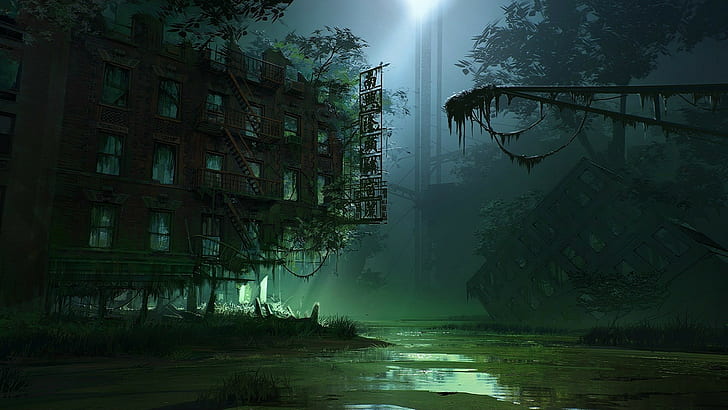 ilustrasi bangunan terlantar di tengah hutan, apokaliptik, karya seni, rawa, Wallpaper HD