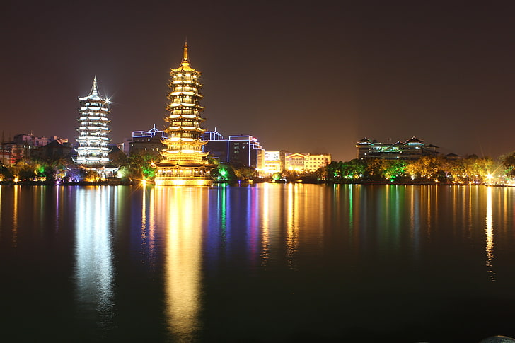 green and red lighted building, Guilin, night, HD wallpaper