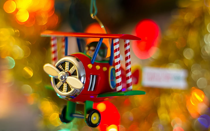 mainan biplan merah dan perak, Natal, Wallpaper HD