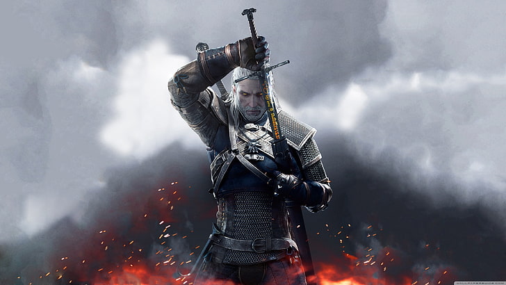 Wiedźmin Geralt z Rivii tapeta, człowiek trzymający miecz, tapeta cyfrowa, Wiedźmin 3: Dziki Gon, Geralt z Rivii, Tapety HD