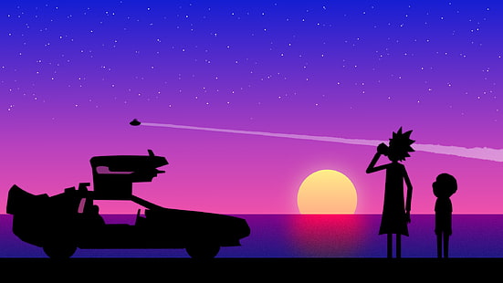 caricatura, Rick y Morty, coche, DeLorean, Time Machine, puesta de sol, silueta, Fondo de pantalla HD HD wallpaper