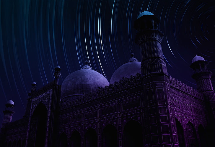 Badshahi Mosque, Mughal architecture, Star trail, Purple, Night, Lahore, Pakistan, HD wallpaper