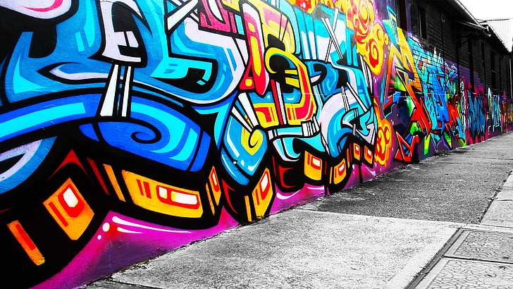 multicolored graffiti art, graffiti, street art, wall, urban, cyan, blue, yellow, pink, HD wallpaper